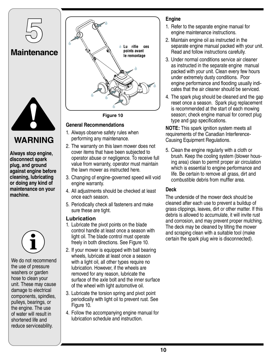 Troy-Bilt 100 warranty Maintenance, General Recommendations, Lubrication, Engine, Deck 