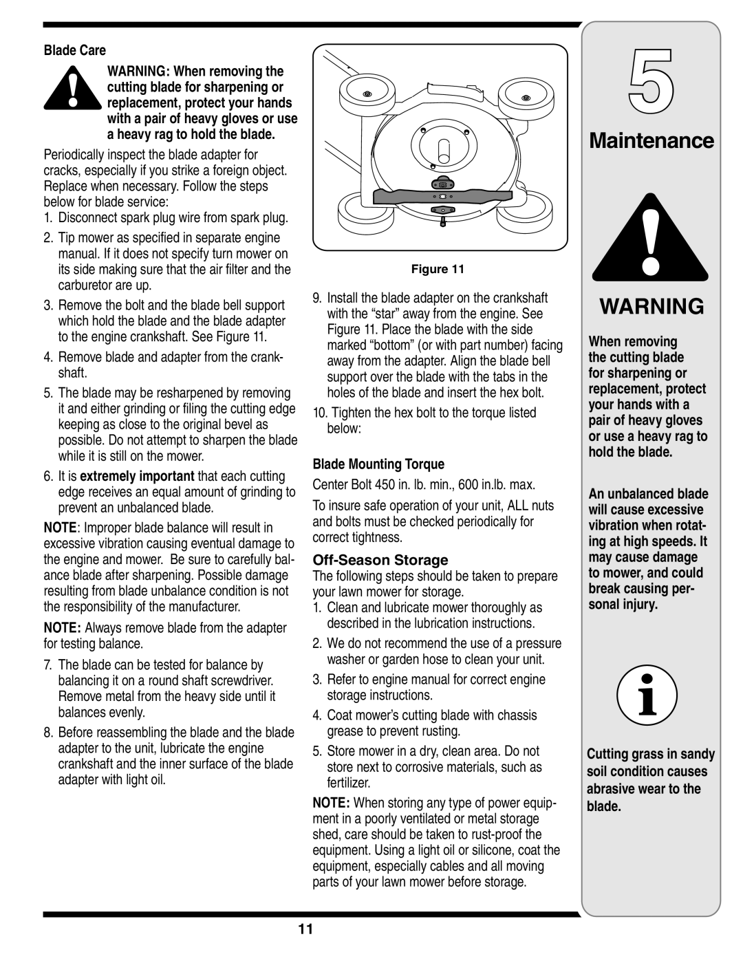 Troy-Bilt 100 warranty Blade Care, Blade Mounting Torque, Off-Season Storage 