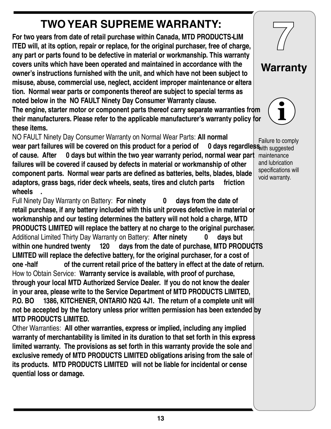 Troy-Bilt 100 warranty TWO Year Supreme Warranty 