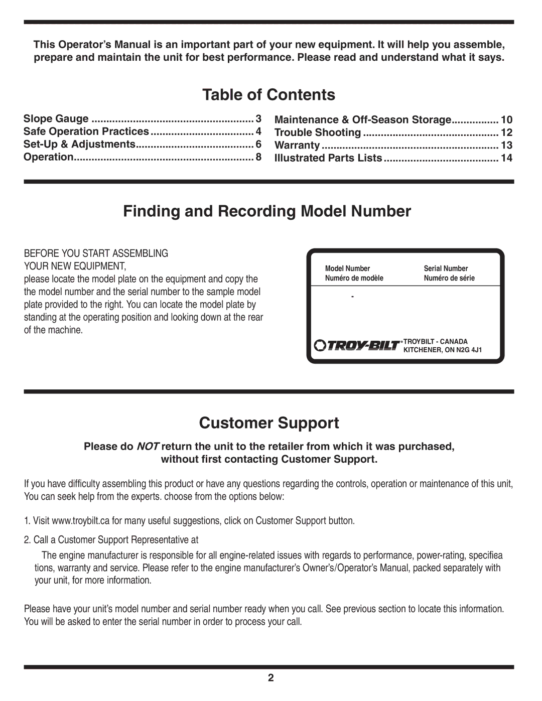 Troy-Bilt 100 warranty Table of Contents, Finding and Recording Model Number, Customer Support 