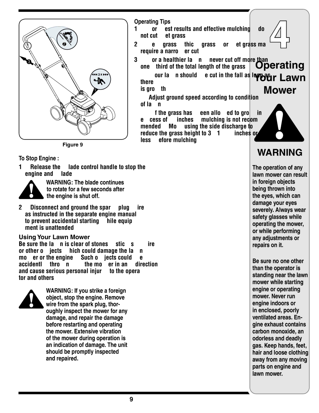 Troy-Bilt 100 warranty To Stop Engine, Using Your Lawn Mower, Operating Tips 