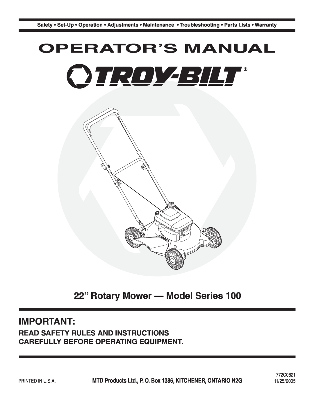 Troy-Bilt 100 warranty Operator’S Manual, 22” Rotary Mower - Model Series, Read Safety Rules And Instructions 