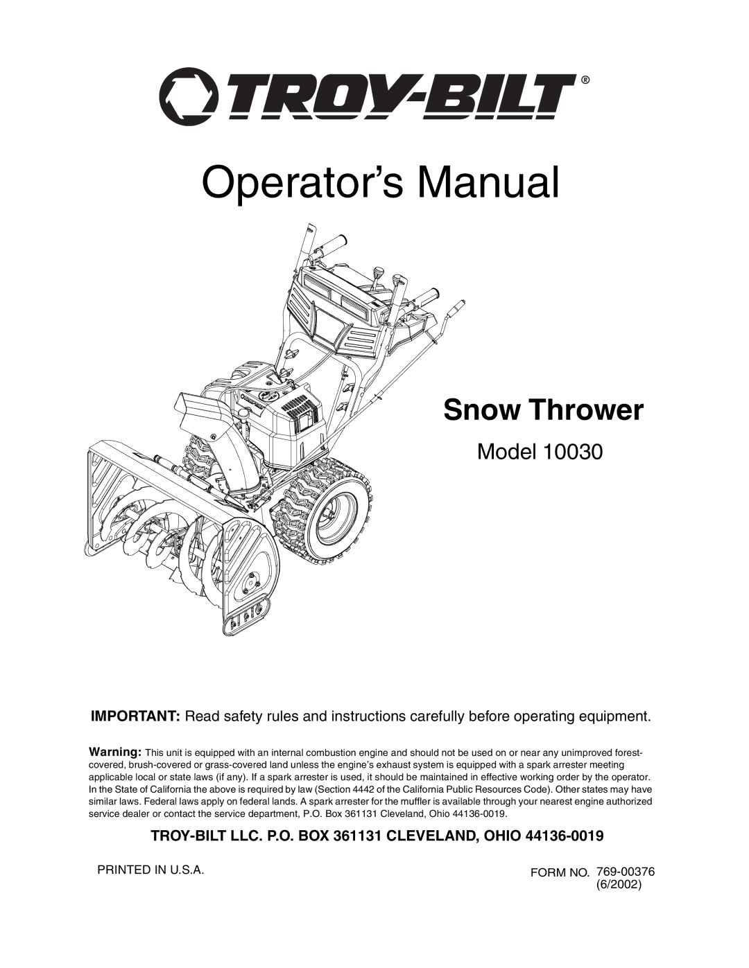 Troy-Bilt 10030 manual Operator’s Manual 