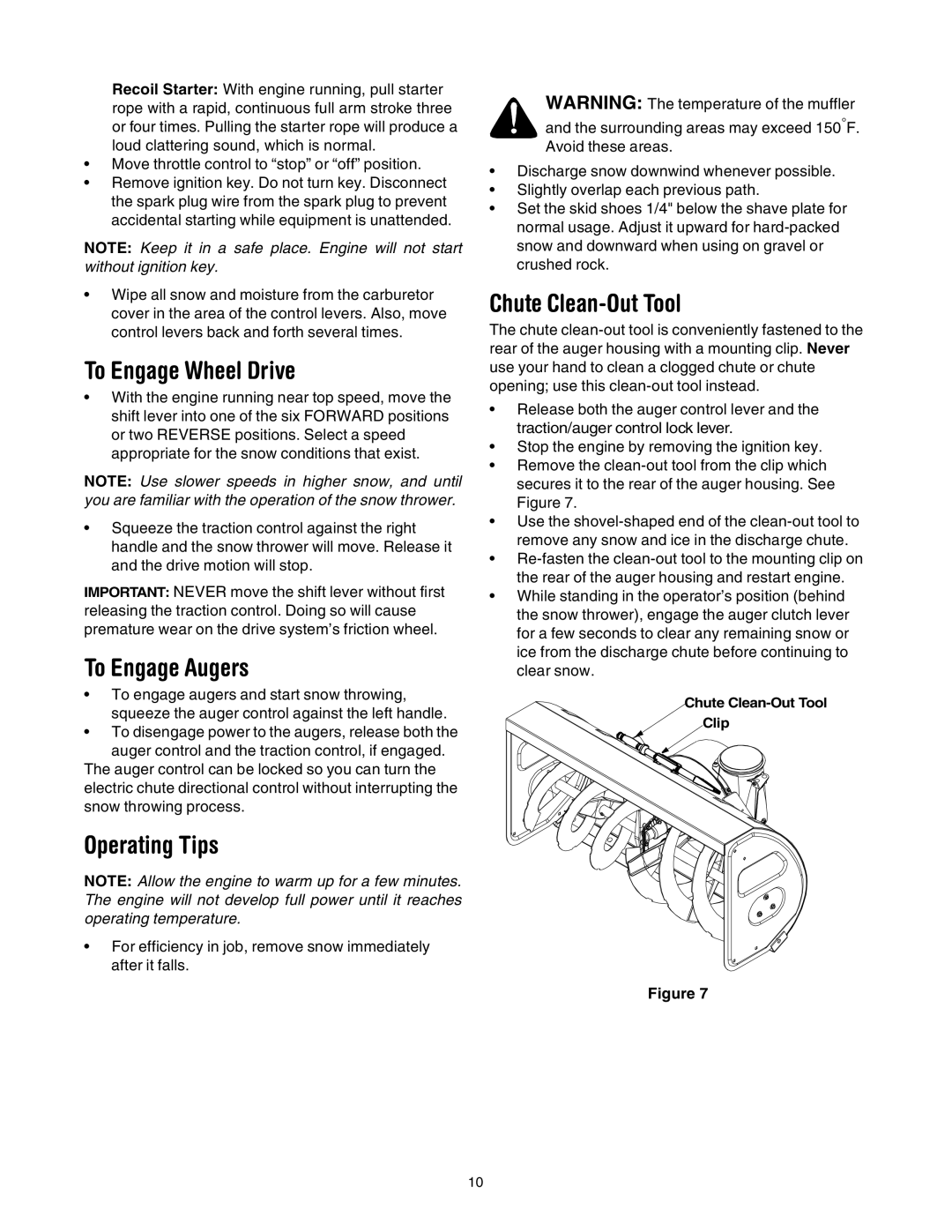 Troy-Bilt 10030 manual To Engage Wheel Drive, To Engage Augers, Operating Tips 