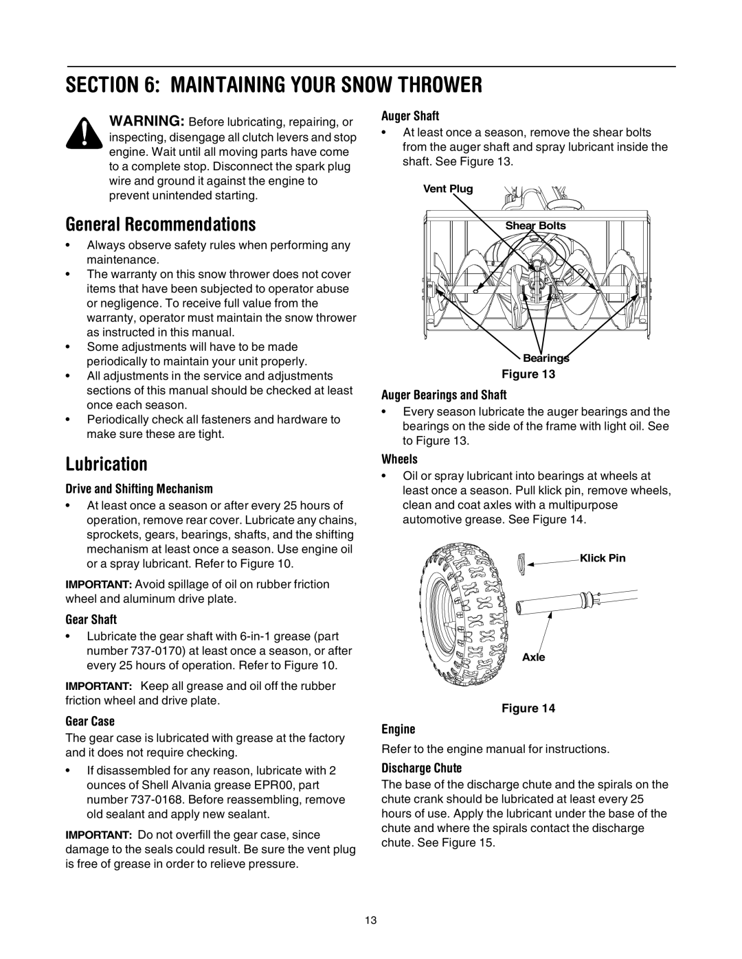 Troy-Bilt 10030 manual Maintaining Your Snow Thrower, General Recommendations, Lubrication 