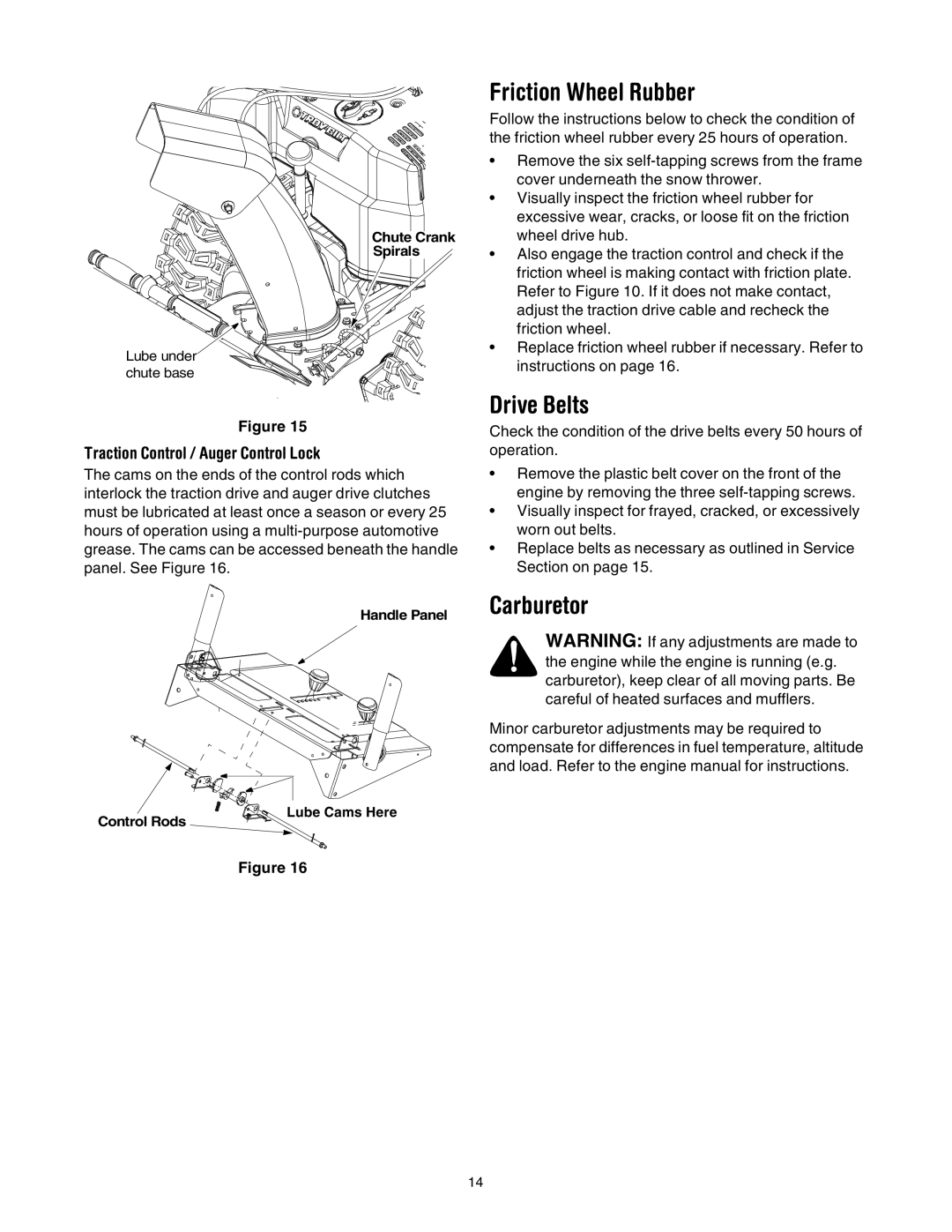 Troy-Bilt 10030 manual Friction Wheel Rubber, Drive Belts, Carburetor 