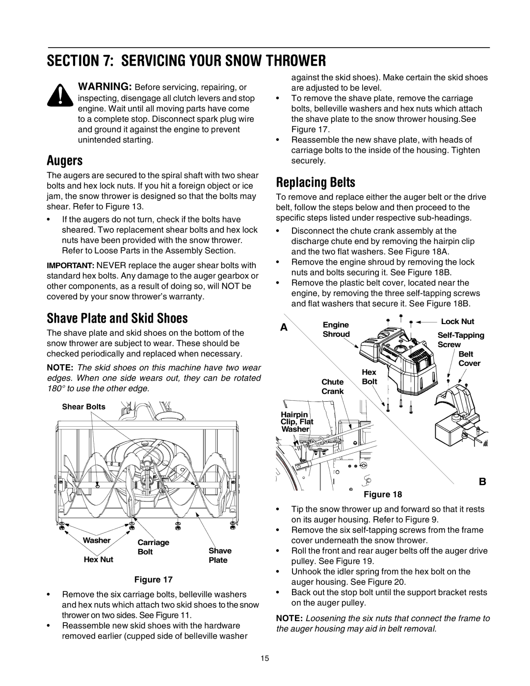 Troy-Bilt 10030 manual Servicing Your Snow Thrower, Augers, Shave Plate and Skid Shoes, Replacing Belts 