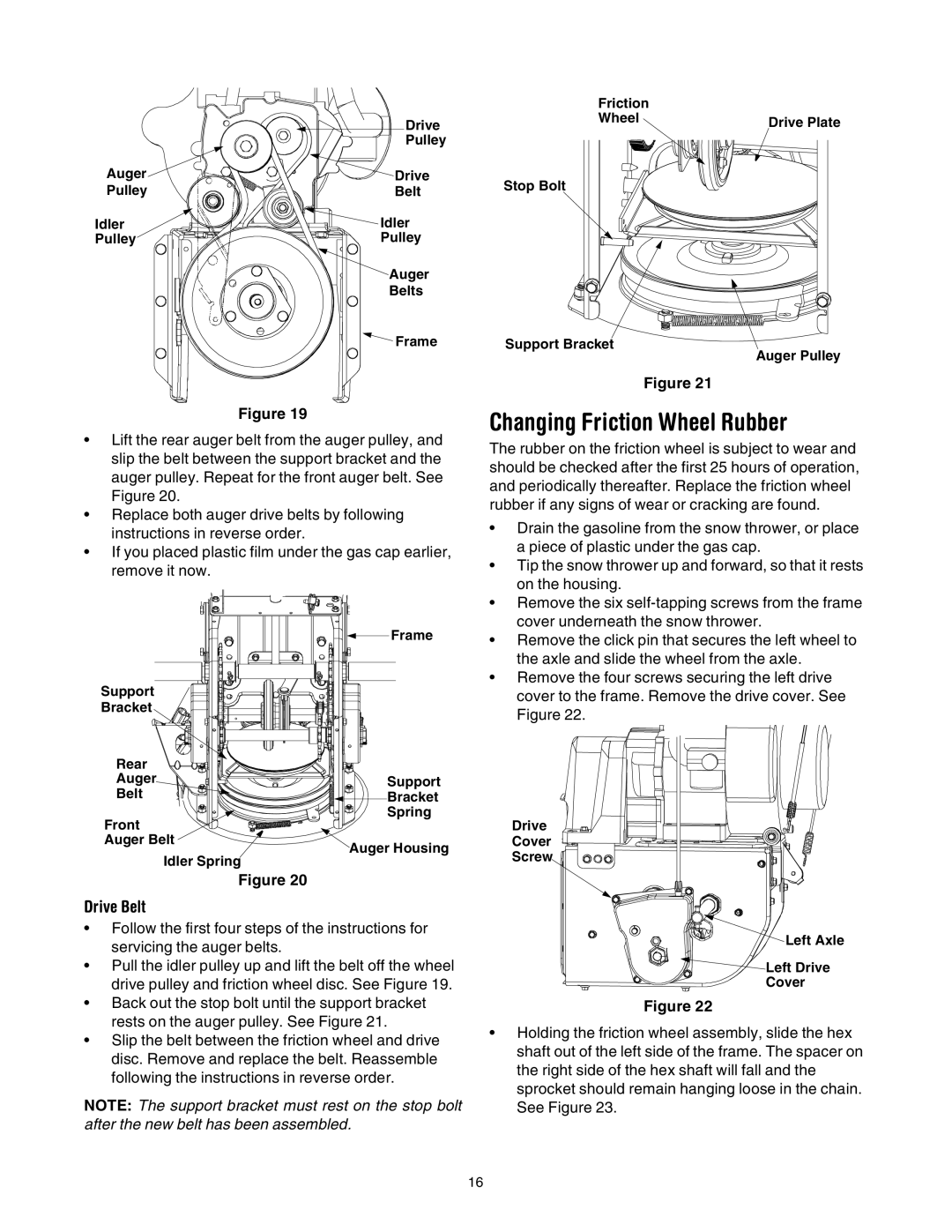 Troy-Bilt 10030 manual Changing Friction Wheel Rubber, Drive Belt 