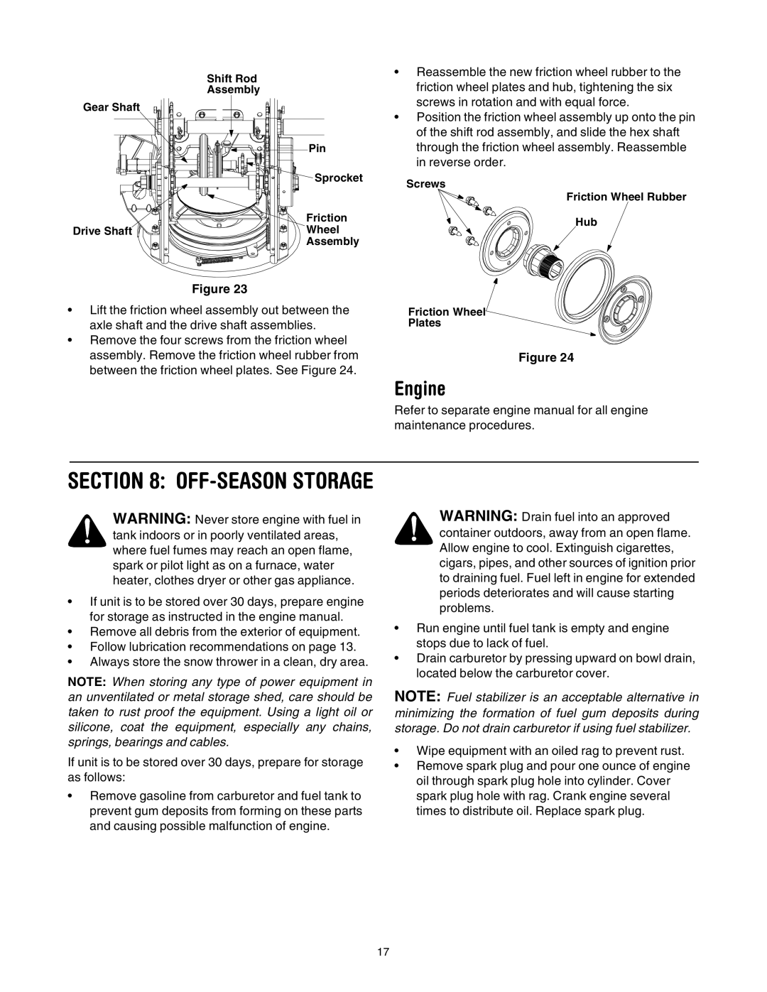 Troy-Bilt 10030 manual Engine, OFF-SEASON Storage 