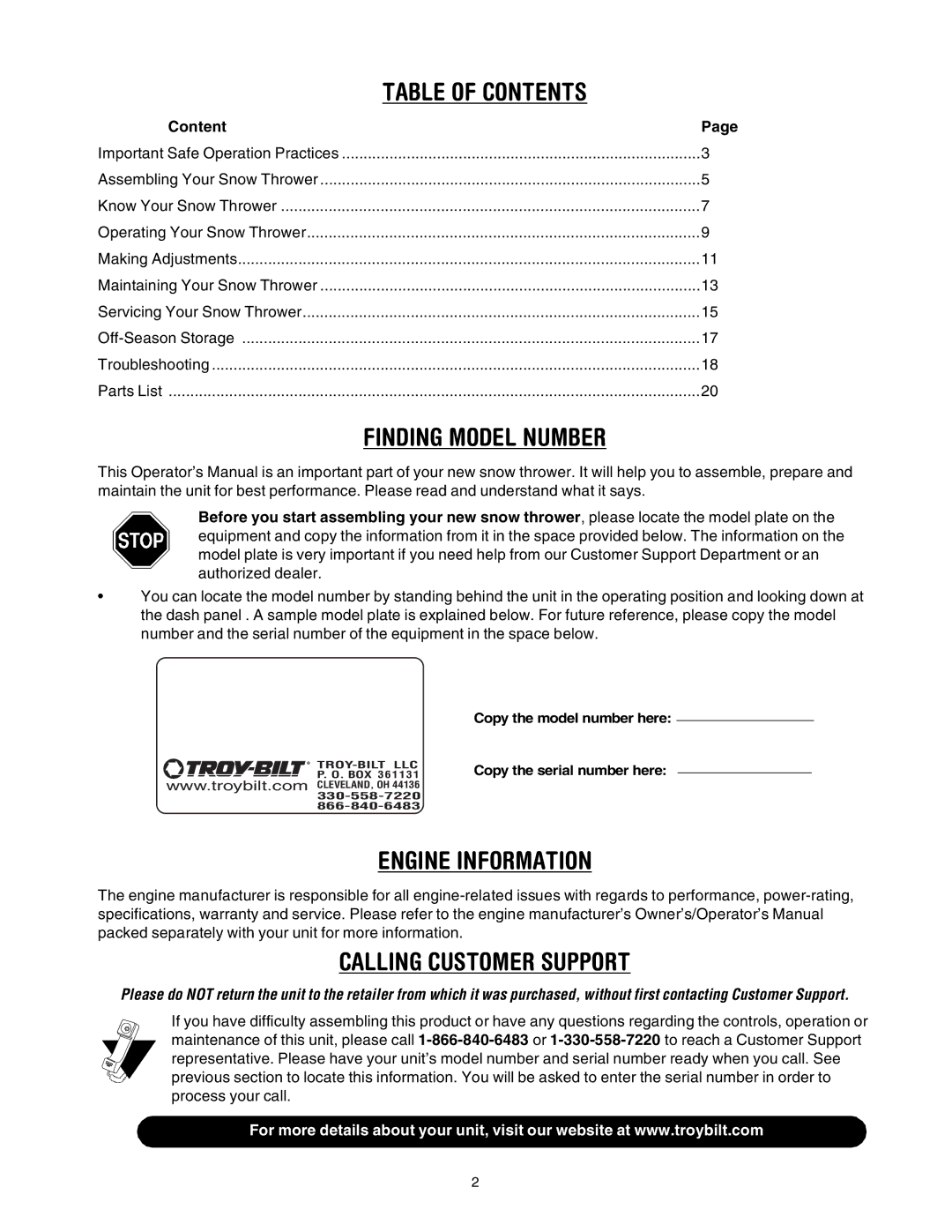 Troy-Bilt 10030 manual Table of Contents 