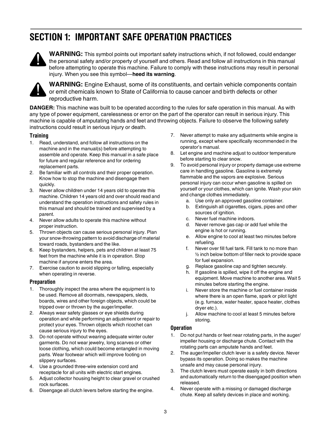 Troy-Bilt 10030 manual Important Safe Operation Practices, Training, Preparation 