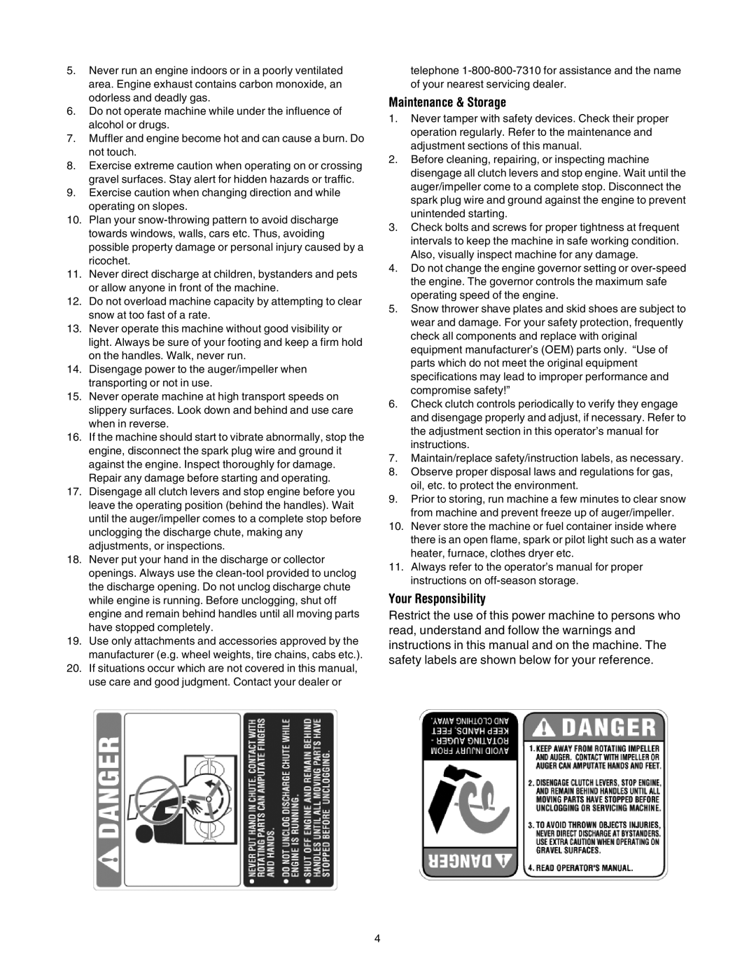 Troy-Bilt 10030 manual Maintenance & Storage, Your Responsibility 