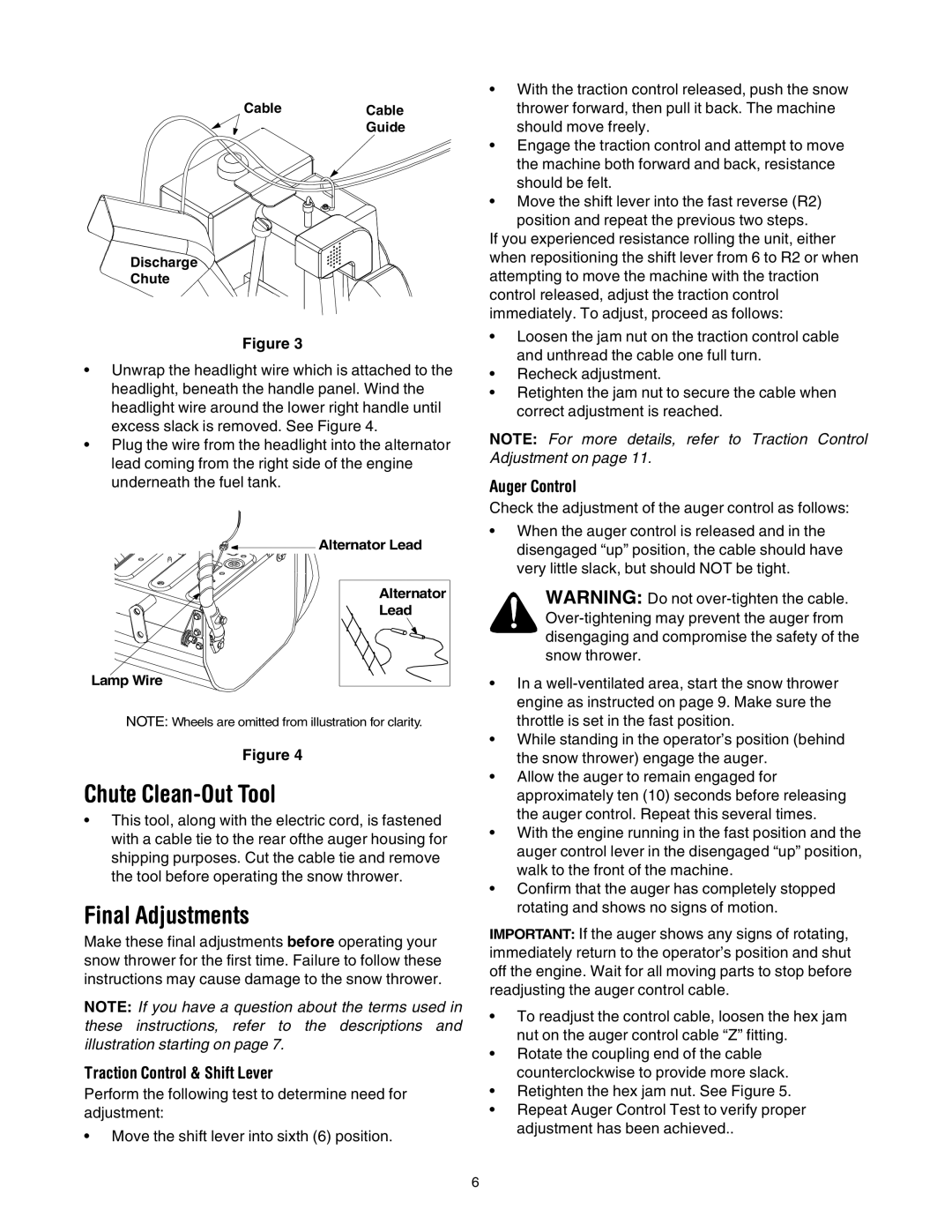 Troy-Bilt 10030 manual Chute Clean-Out Tool, Final Adjustments, Traction Control & Shift Lever, Auger Control 