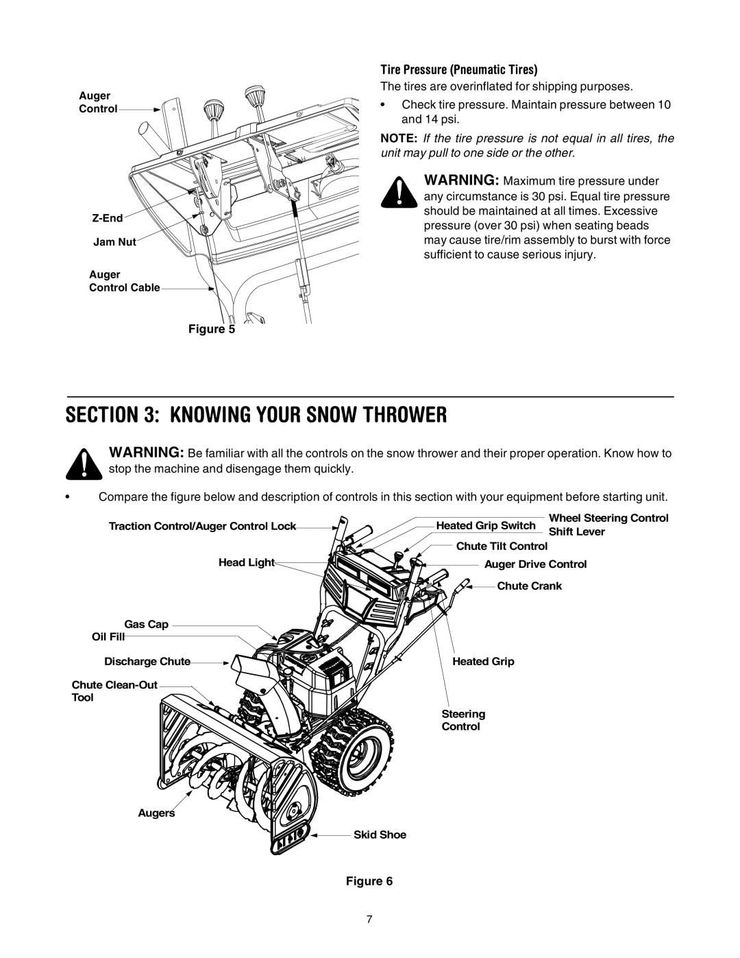 Troy-Bilt 10030 manual Knowing Your Snow Thrower, Tire Pressure Pneumatic Tires 