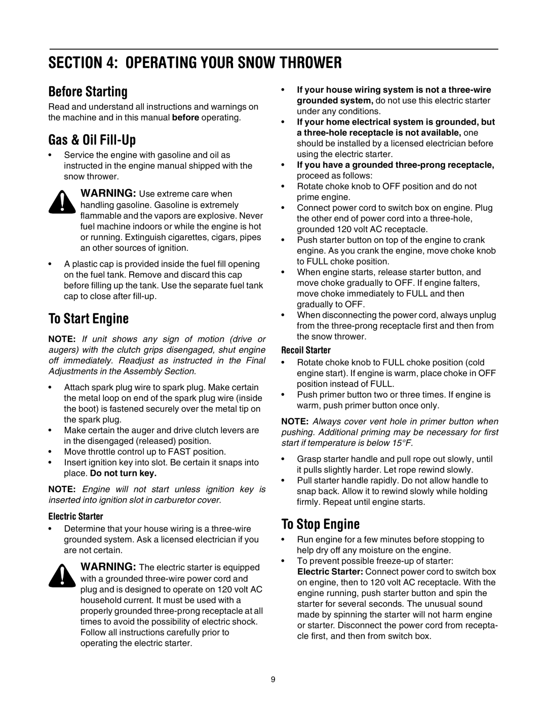 Troy-Bilt 10030 manual Operating Your Snow Thrower, Before Starting, Gas & Oil Fill-Up, To Start Engine, To Stop Engine 