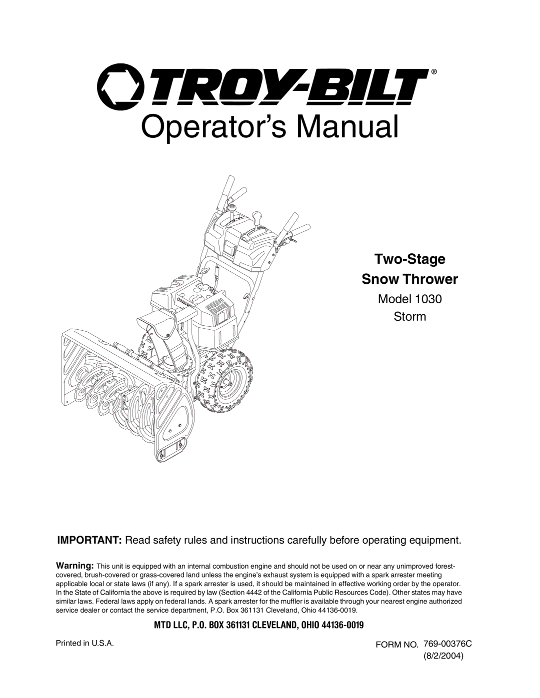 Troy-Bilt 1030 manual Operator’s Manual 