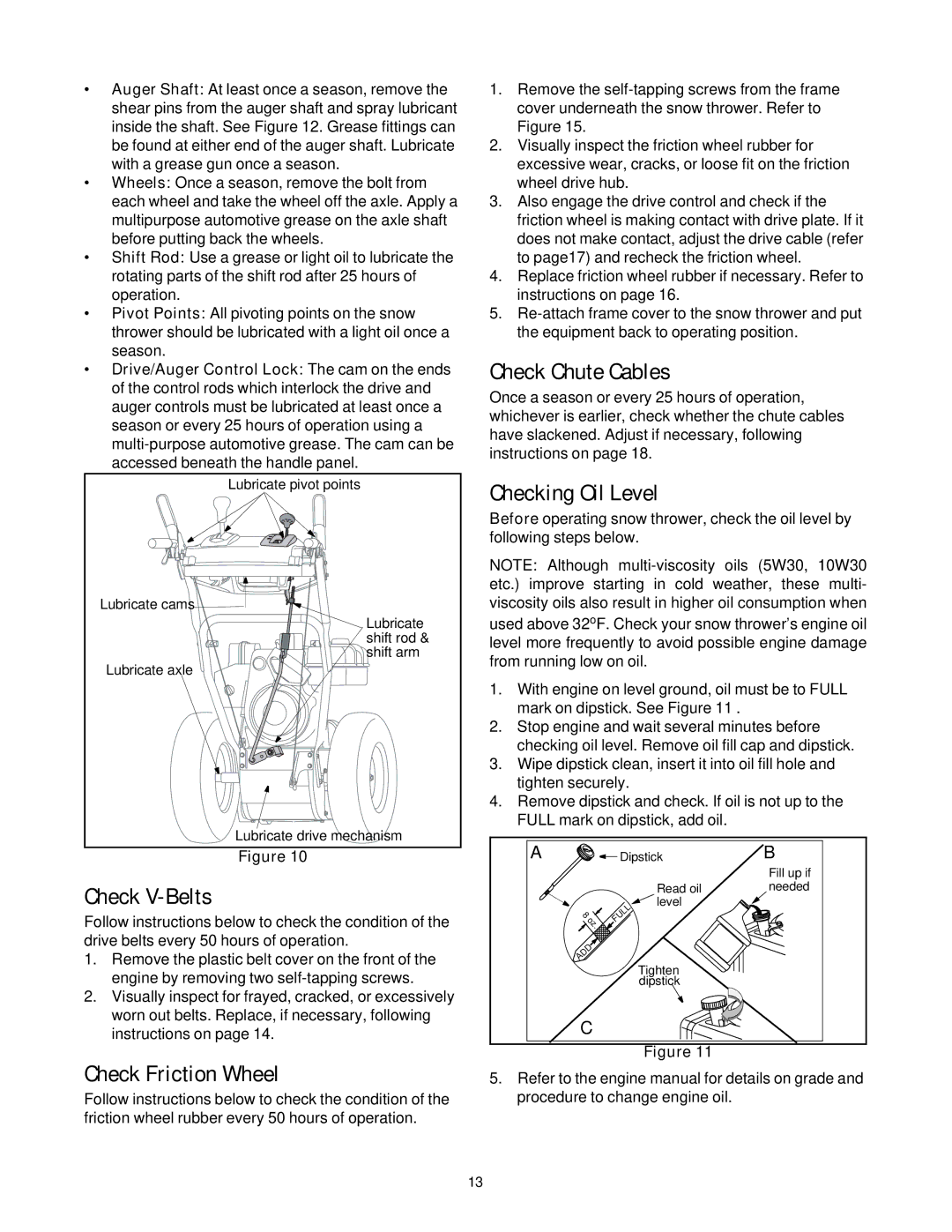 Troy-Bilt 1030 manual Check V-Belts, Check Friction Wheel, Check Chute Cables, Checking Oil Level 