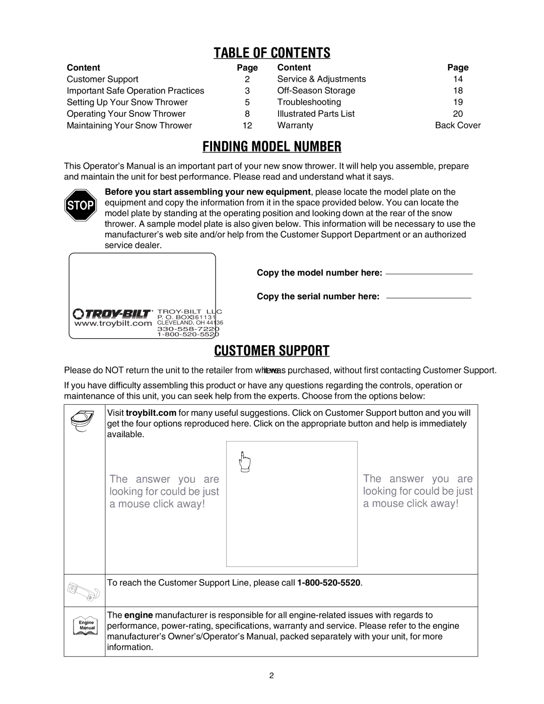 Troy-Bilt 1030 manual Table of Contents 