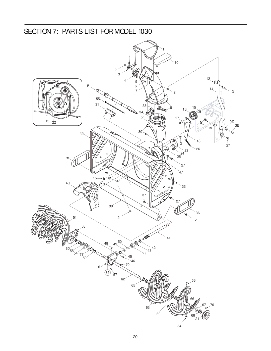 Troy-Bilt 1030 manual Parts List for Model 