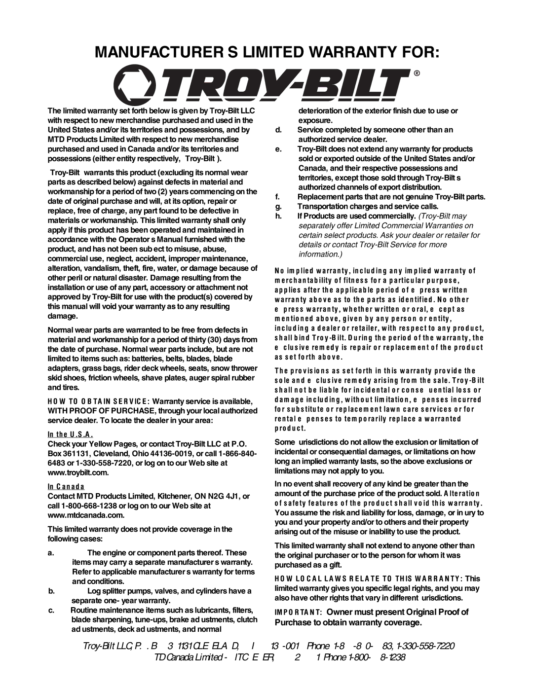 Troy-Bilt 1030 manual MANUFACTURER’S Limited Warranty for 