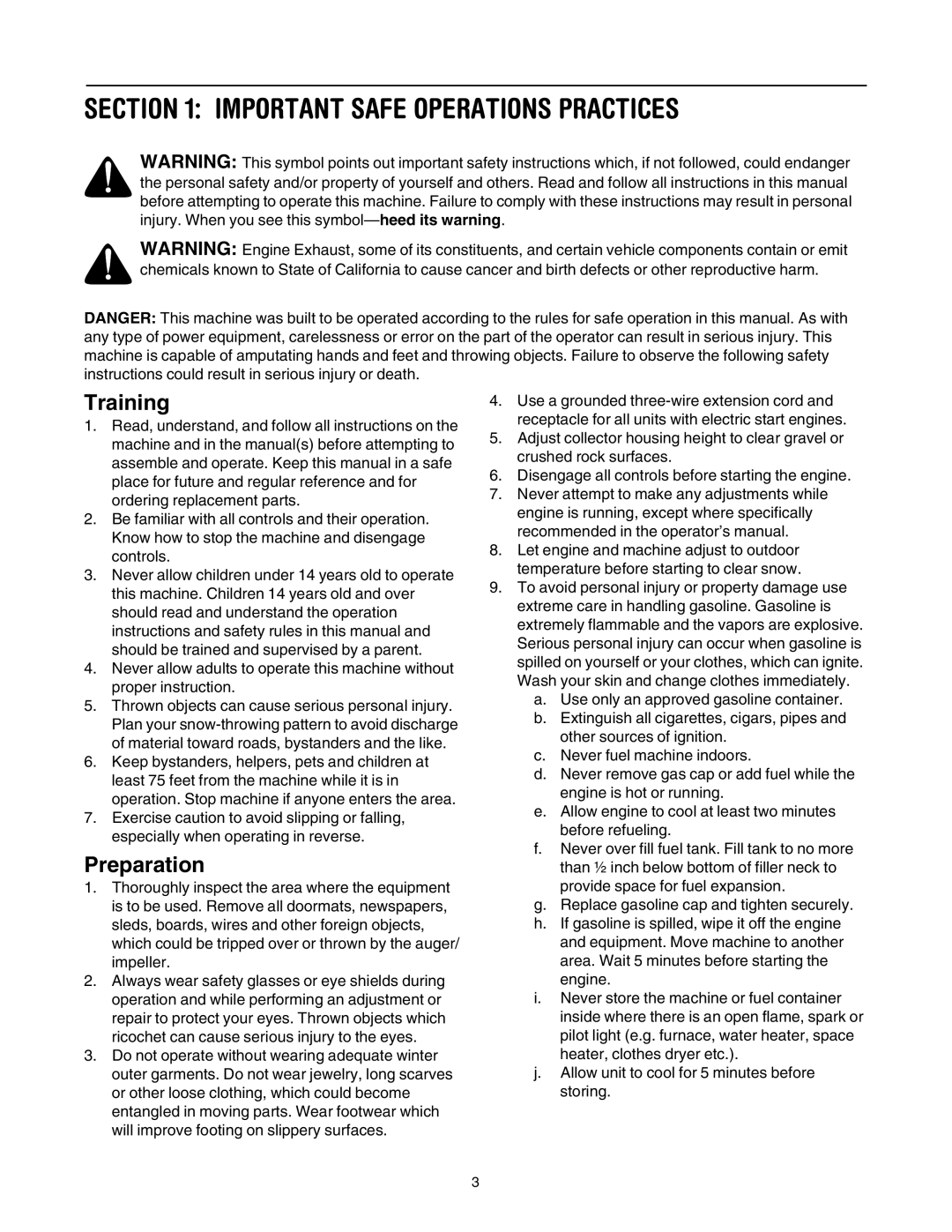 Troy-Bilt 1030 manual Important Safe Operations Practices, Training 