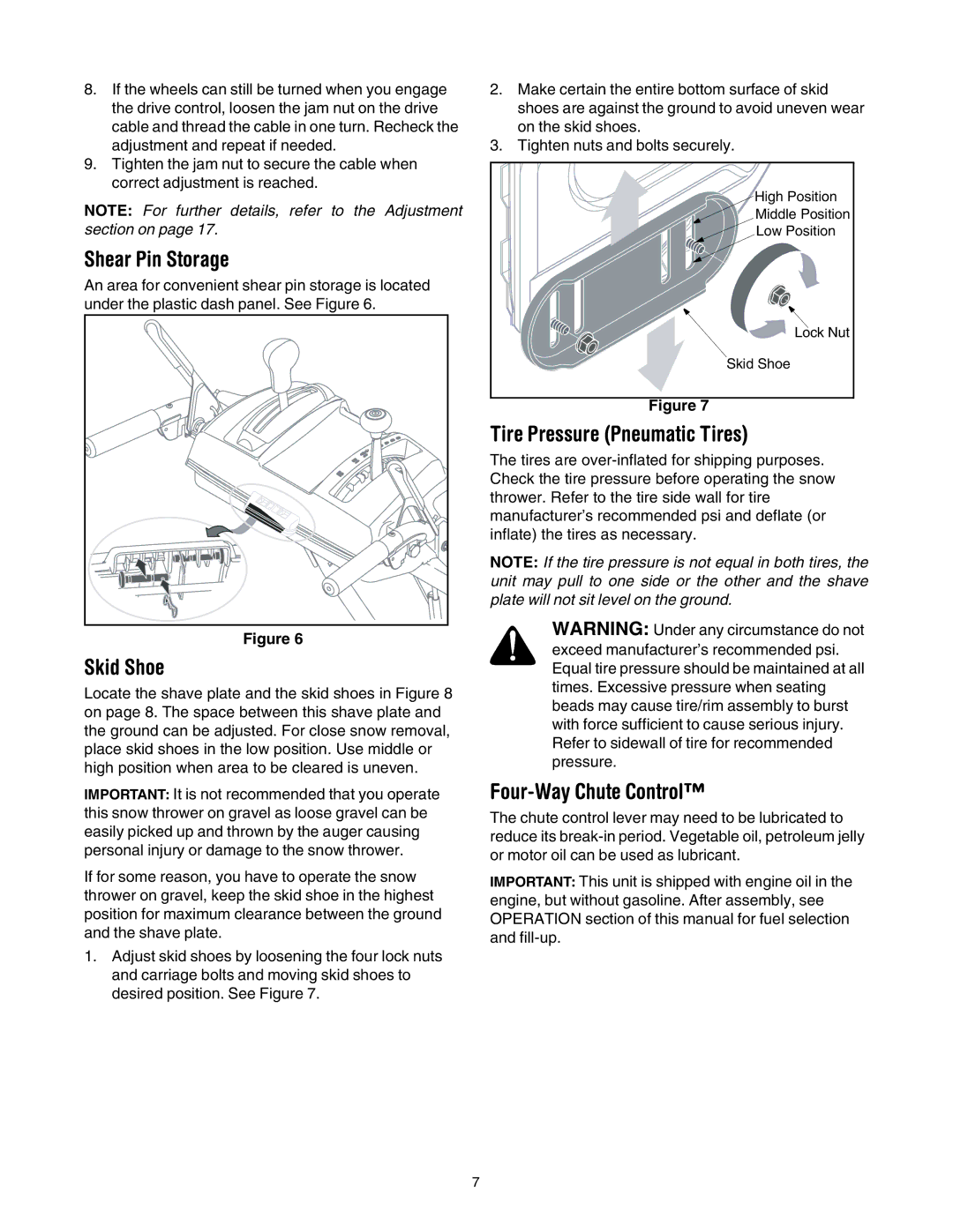 Troy-Bilt 1030 manual Shear Pin Storage, Skid Shoe, Tire Pressure Pneumatic Tires, Four-Way Chute Control 