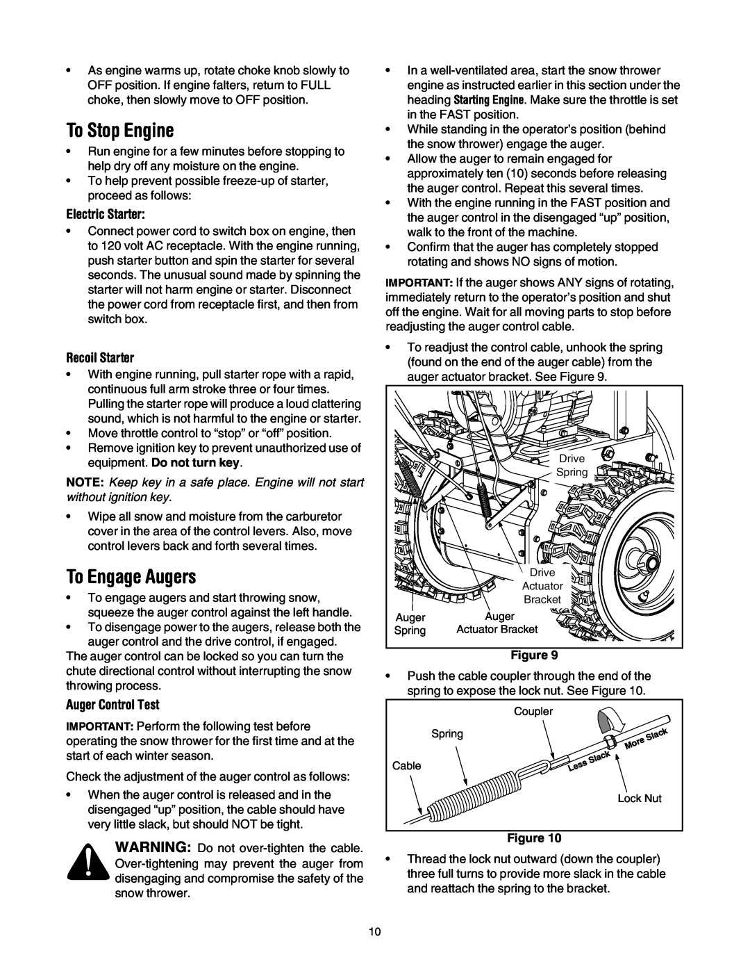 Troy-Bilt 10530 manual To Stop Engine, To Engage Augers, Auger Control Test, Electric Starter, Recoil Starter 
