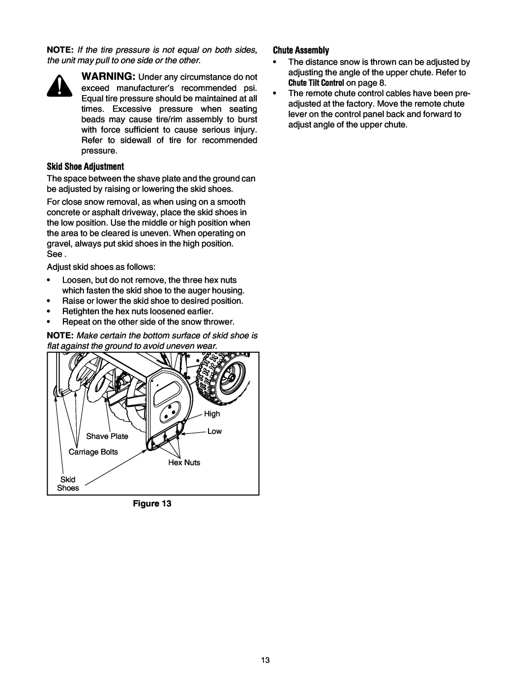Troy-Bilt 10530 manual Skid Shoe Adjustment, Chute Assembly, Chute Tilt Control on page 