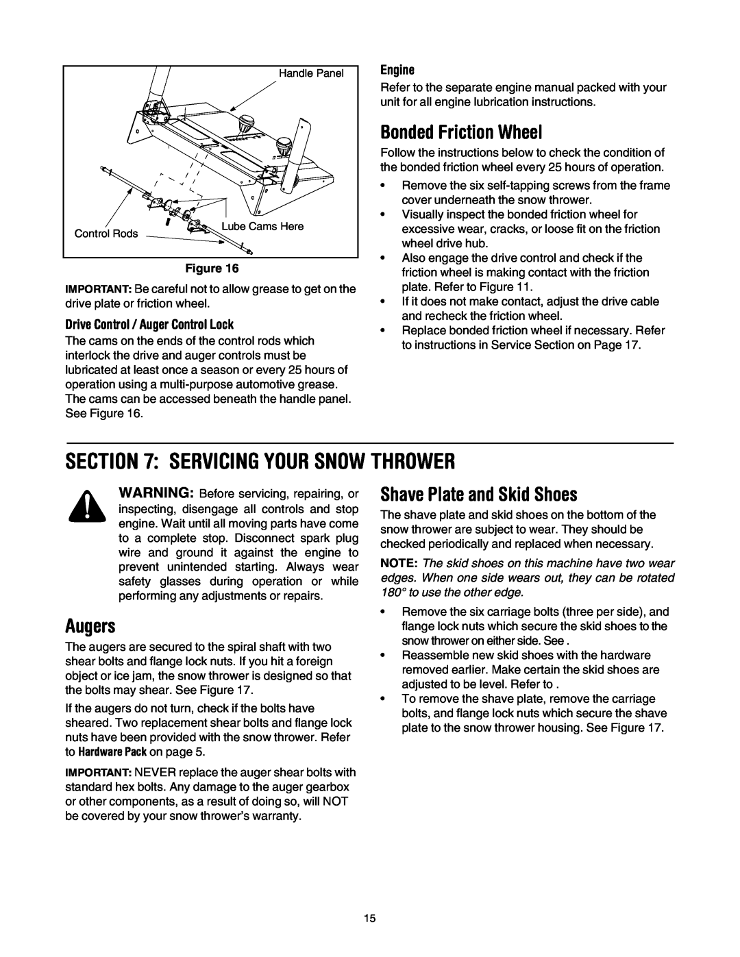 Troy-Bilt 10530 manual Servicing Your Snow Thrower, Bonded Friction Wheel, Augers, Shave Plate and Skid Shoes, Engine 