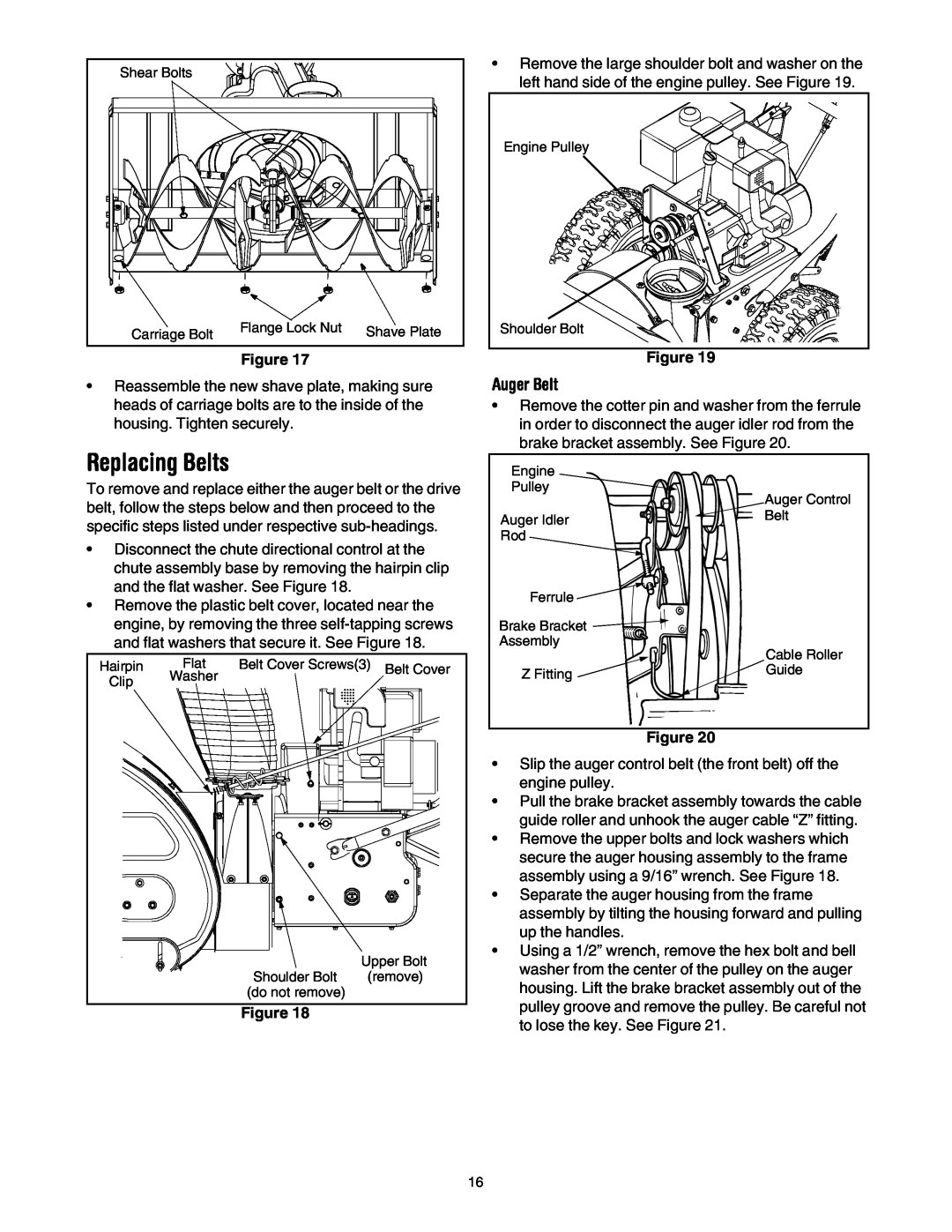 Troy-Bilt 10530 manual Replacing Belts, Auger Belt 