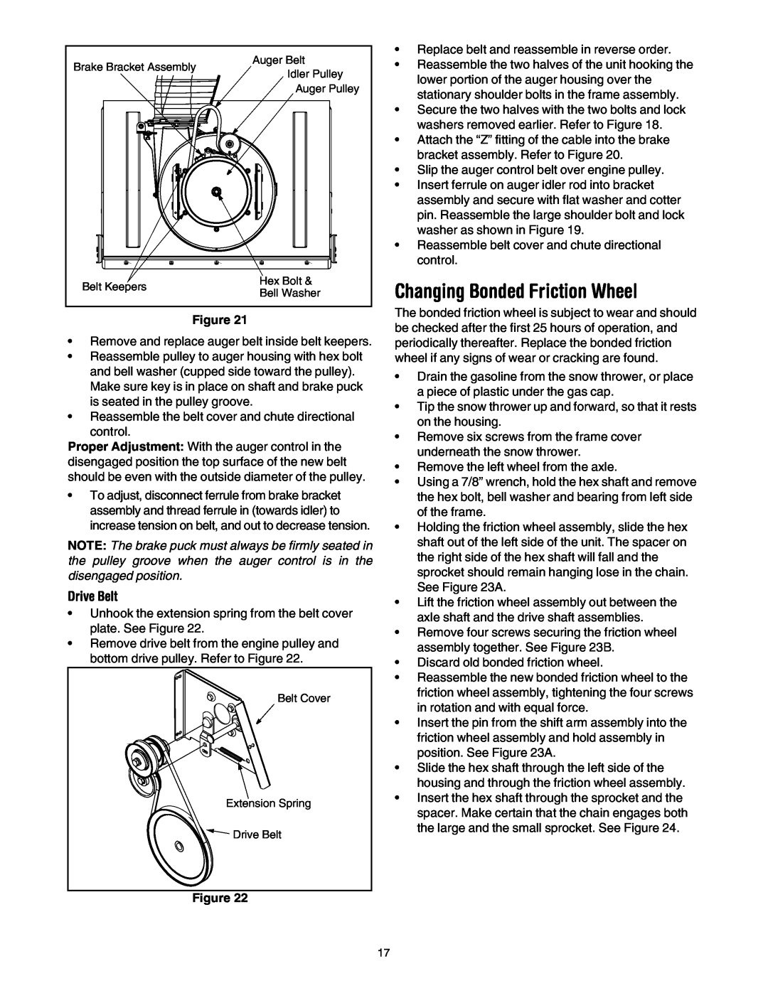 Troy-Bilt 10530 manual Drive Belt, NOTE The brake puck must always be firmly seated in, disengaged position 