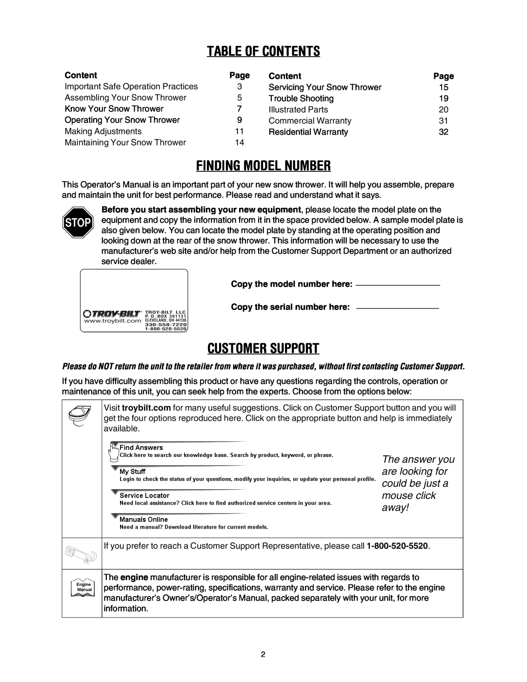Troy-Bilt 10530 manual Table Of Contents, Finding Model Number, Customer Support, Page 