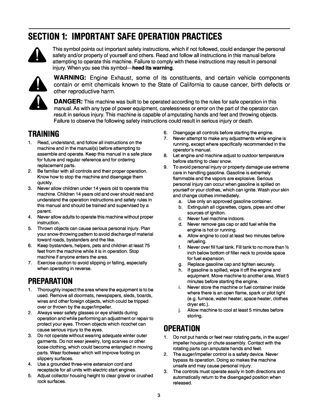 Troy-Bilt 10530 manual Important Safe Operation Practices, Training, Preparation 