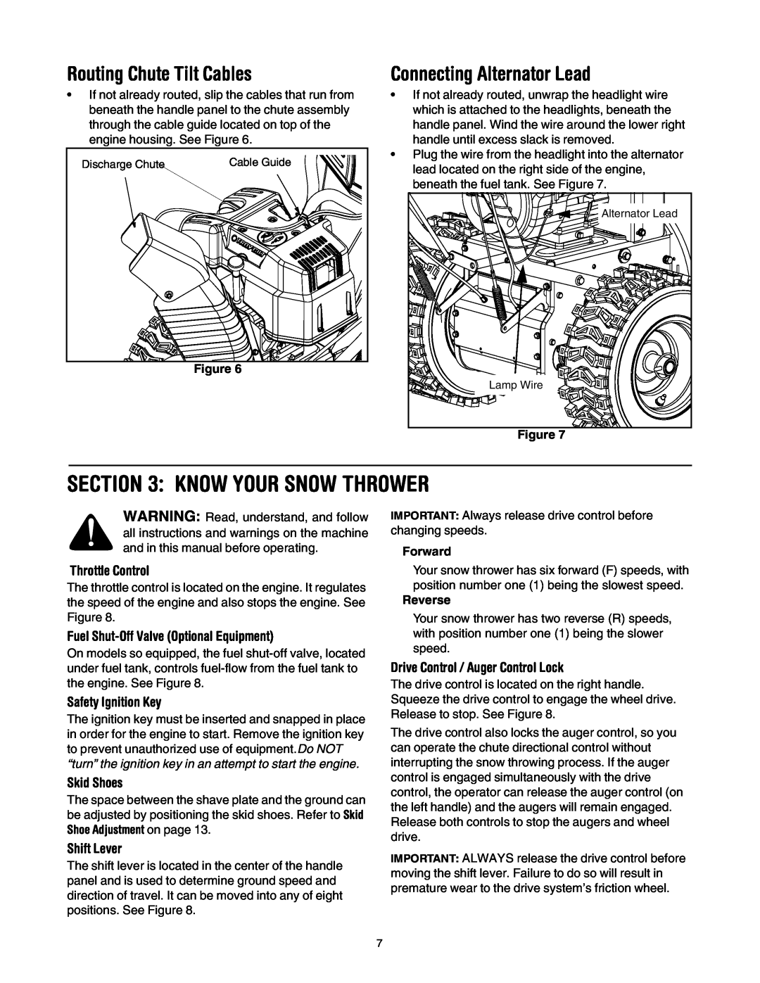 Troy-Bilt 10530 Know Your Snow Thrower, Routing Chute Tilt Cables, Connecting Alternator Lead, Throttle Control, Forward 