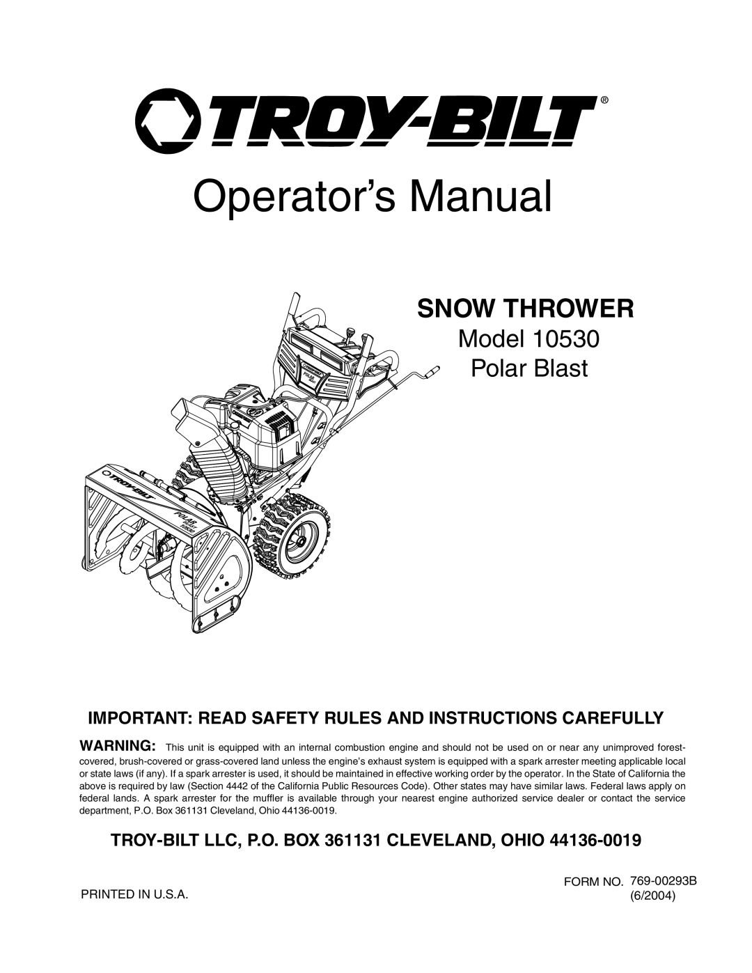 Troy-Bilt 10530 manual Operator’s Manual 