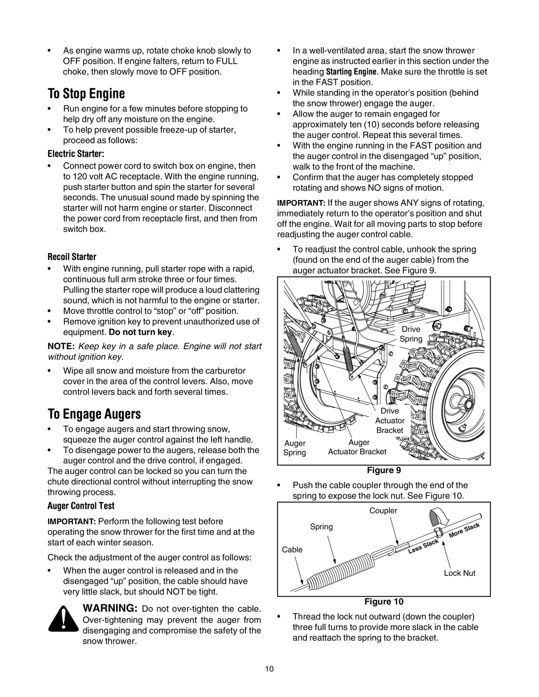 Troy-Bilt 10530 manual To Stop Engine, To Engage Augers, Auger Control Test 