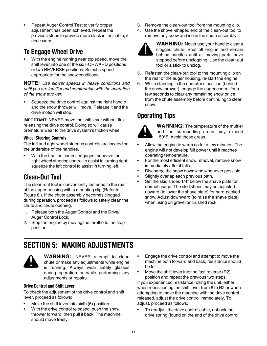 Troy-Bilt 10530 Making Adjustments, To Engage Wheel Drive, Clean-Out Tool, Operating Tips, Drive Control and Shift Lever 