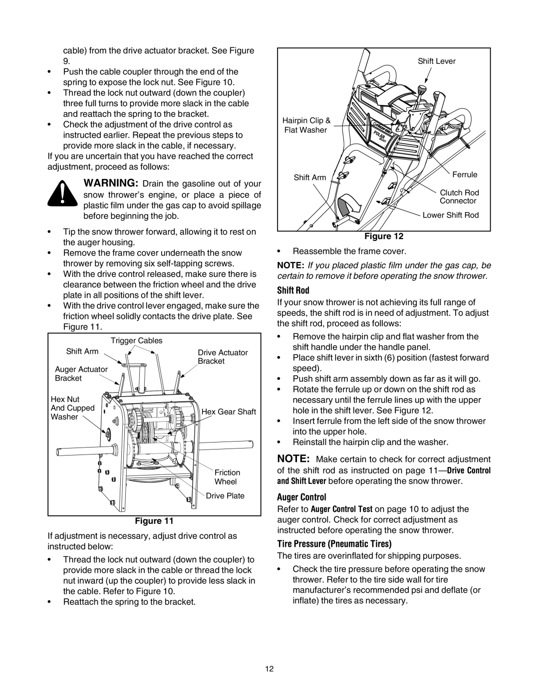 Troy-Bilt 10530 manual Shift Rod, Tire Pressure Pneumatic Tires 