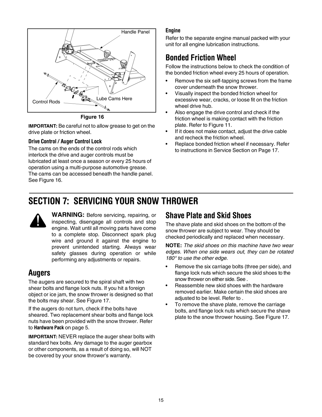 Troy-Bilt 10530 manual Servicing Your Snow Thrower, Bonded Friction Wheel, Augers, Shave Plate and Skid Shoes, Engine 