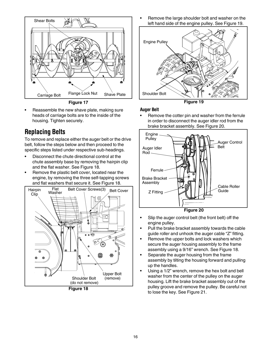 Troy-Bilt 10530 manual Replacing Belts, Auger Belt 