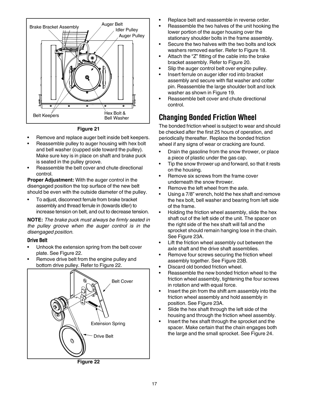 Troy-Bilt 10530 manual Changing Bonded Friction Wheel, Drive Belt 