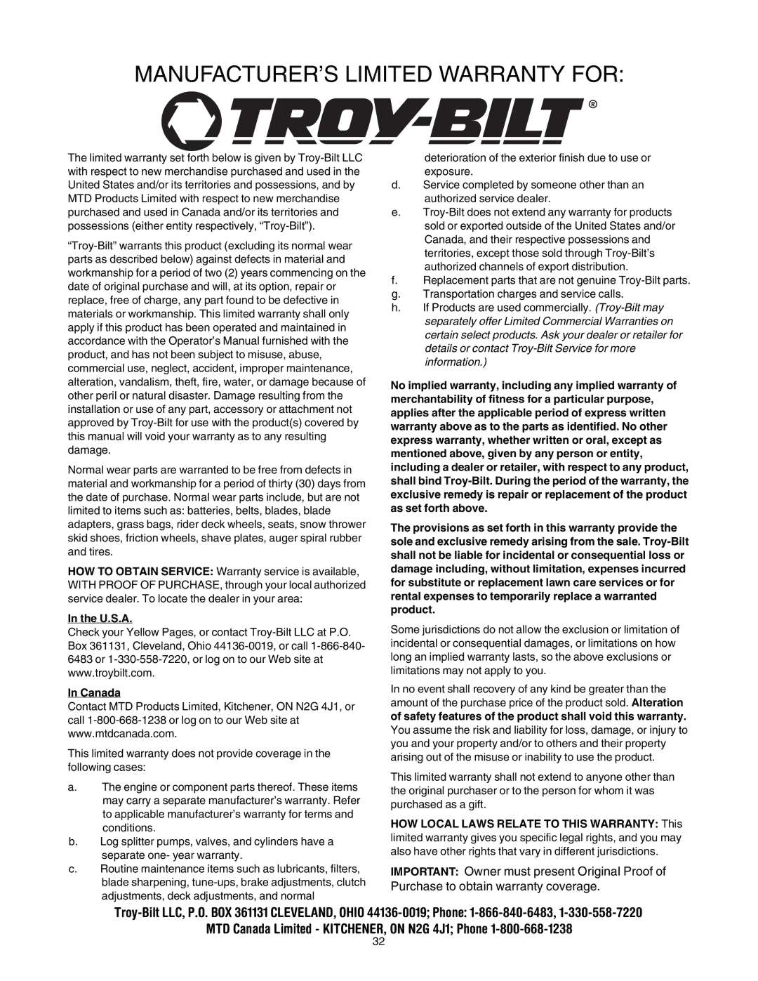 Troy-Bilt 10530 manual MANUFACTURER’S Limited Warranty for 