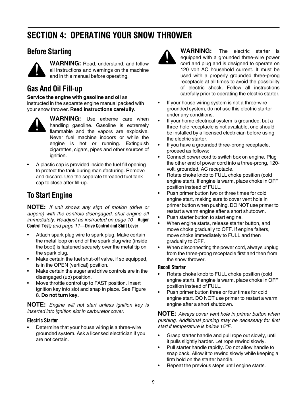 Troy-Bilt 10530 manual Operating Your Snow Thrower, Before Starting Gas And Oil Fill-up, To Start Engine, Electric Starter 