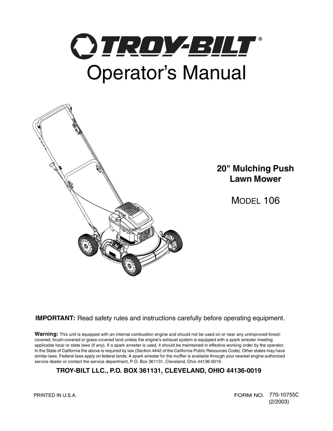 Troy-Bilt 106 manual Operator’s Manual 