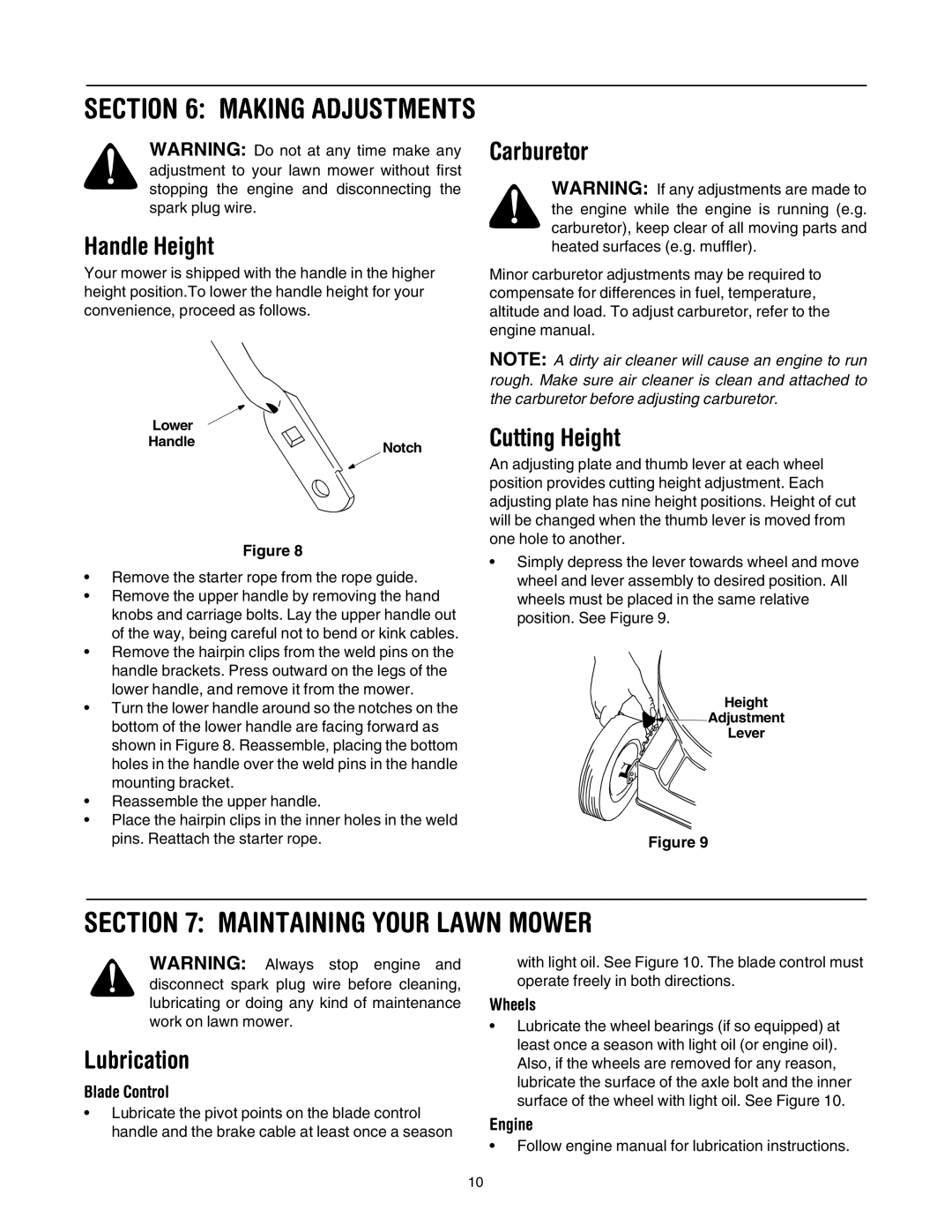 Troy-Bilt 106 manual Maintaining Your Lawn Mower, Handle Height, Carburetor, Cutting Height, Lubrication 