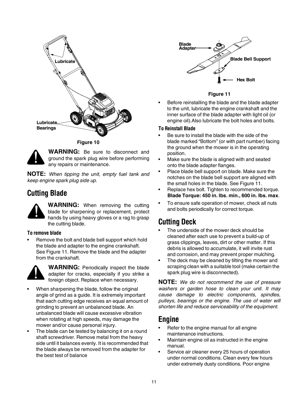 Troy-Bilt 106 manual Cutting Blade, Cutting Deck, Engine, To remove blade, To Reinstall Blade 