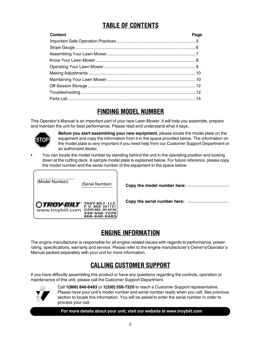 Troy-Bilt 106 manual Table of Contents 