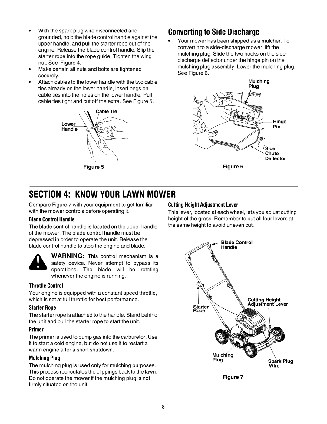 Troy-Bilt 106 manual Know Your Lawn Mower, Converting to Side Discharge 