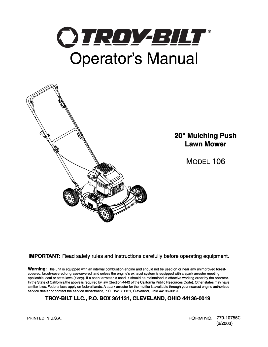 Troy-Bilt 106 manual TROY-BILT LLC., P.O. BOX 361131, CLEVELAND, OHIO, Operator’s Manual, Mulching Push Lawn Mower, Model 