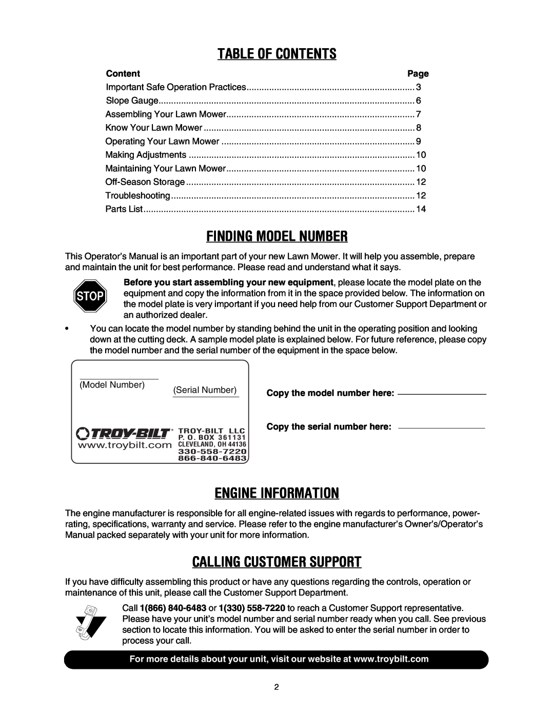 Troy-Bilt 106 manual Table Of Contents, Finding Model Number, Engine Information, Calling Customer Support 